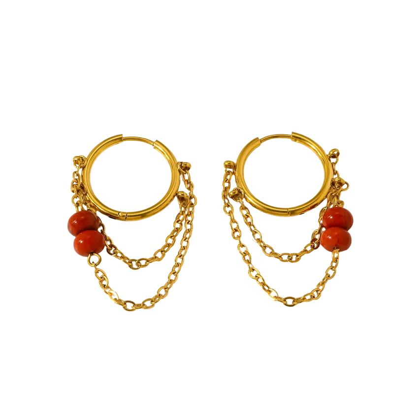 Créoles avec chaines et perles de Jaspe rouge