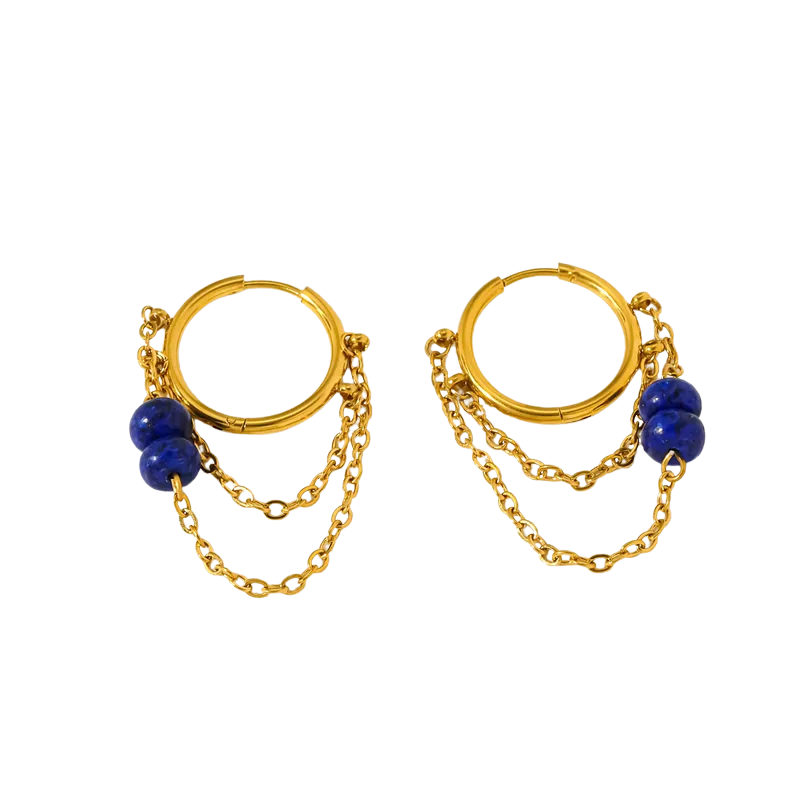 Créoles avec chaines et perles de Lapis Lazuli